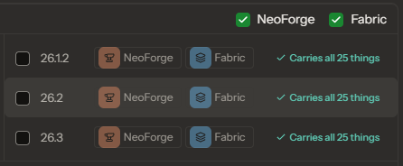 The Cook window: 26.1.2, 26.2 and 26.3, each on NeoForge and Fabric, each carrying all 25 things of the project