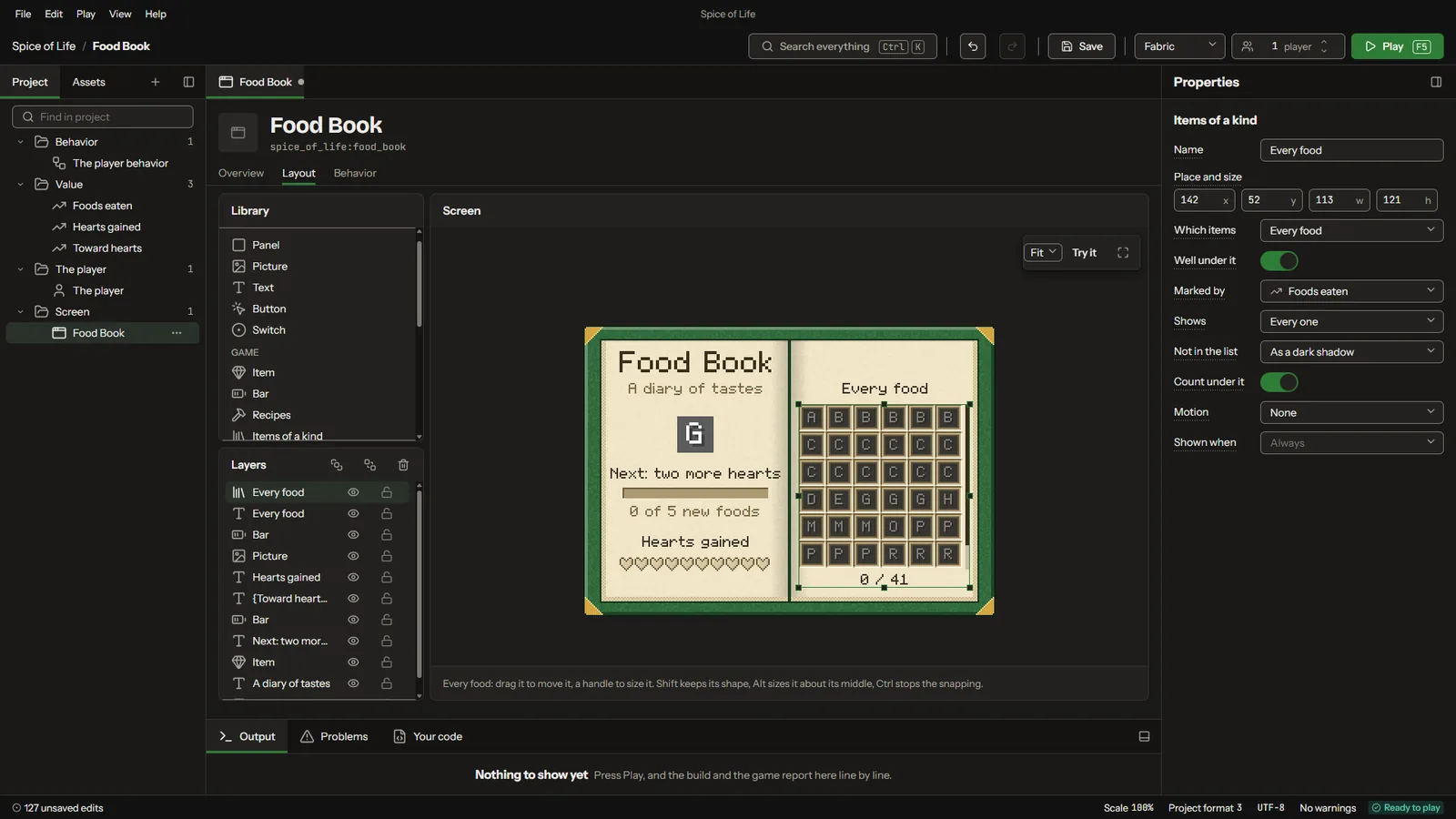 A food book laid out in the screen builder