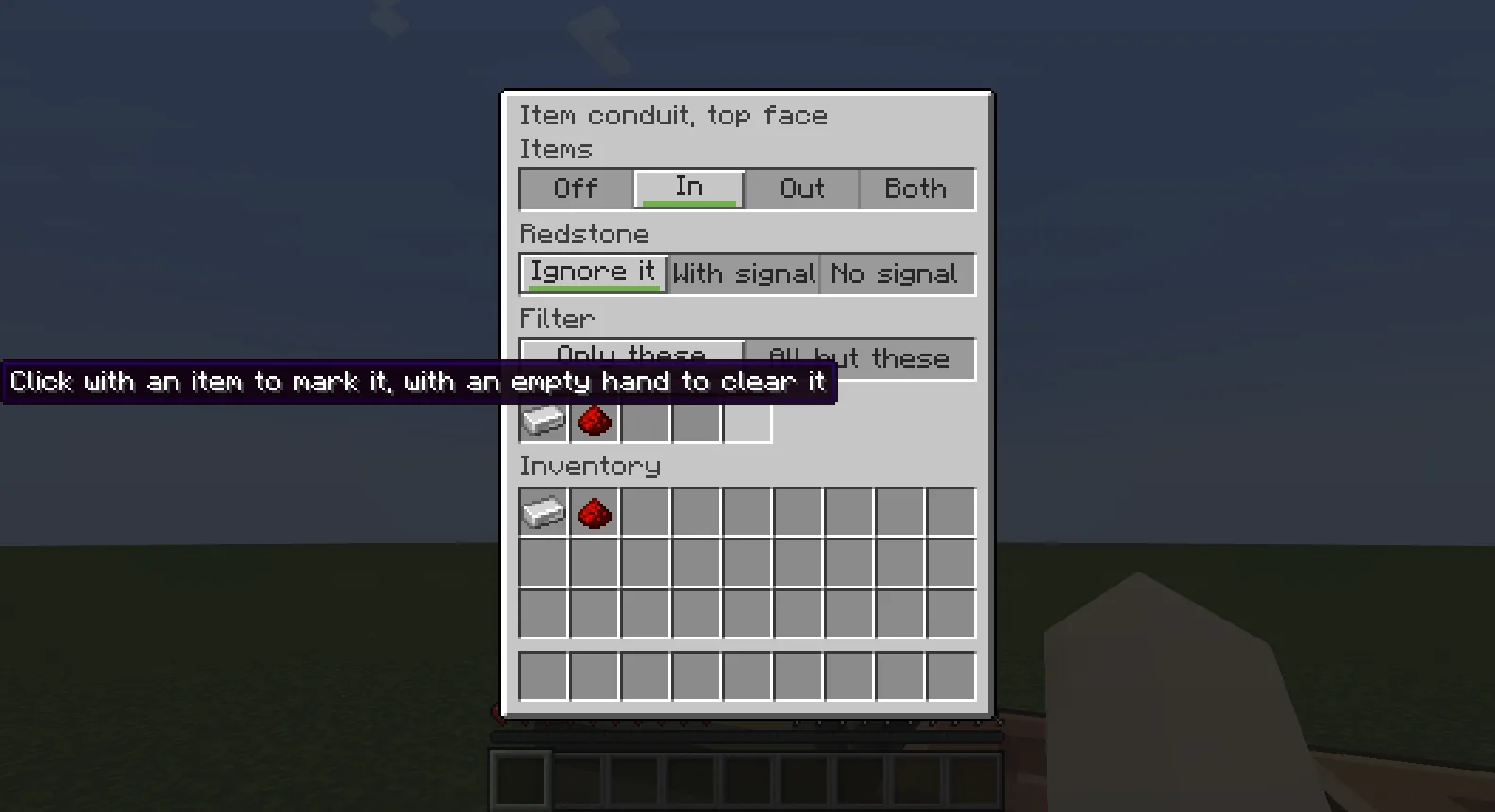 The settings of one face of an item conduit