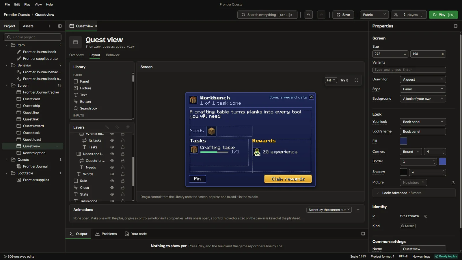 Laying out a quest's page in the screen builder