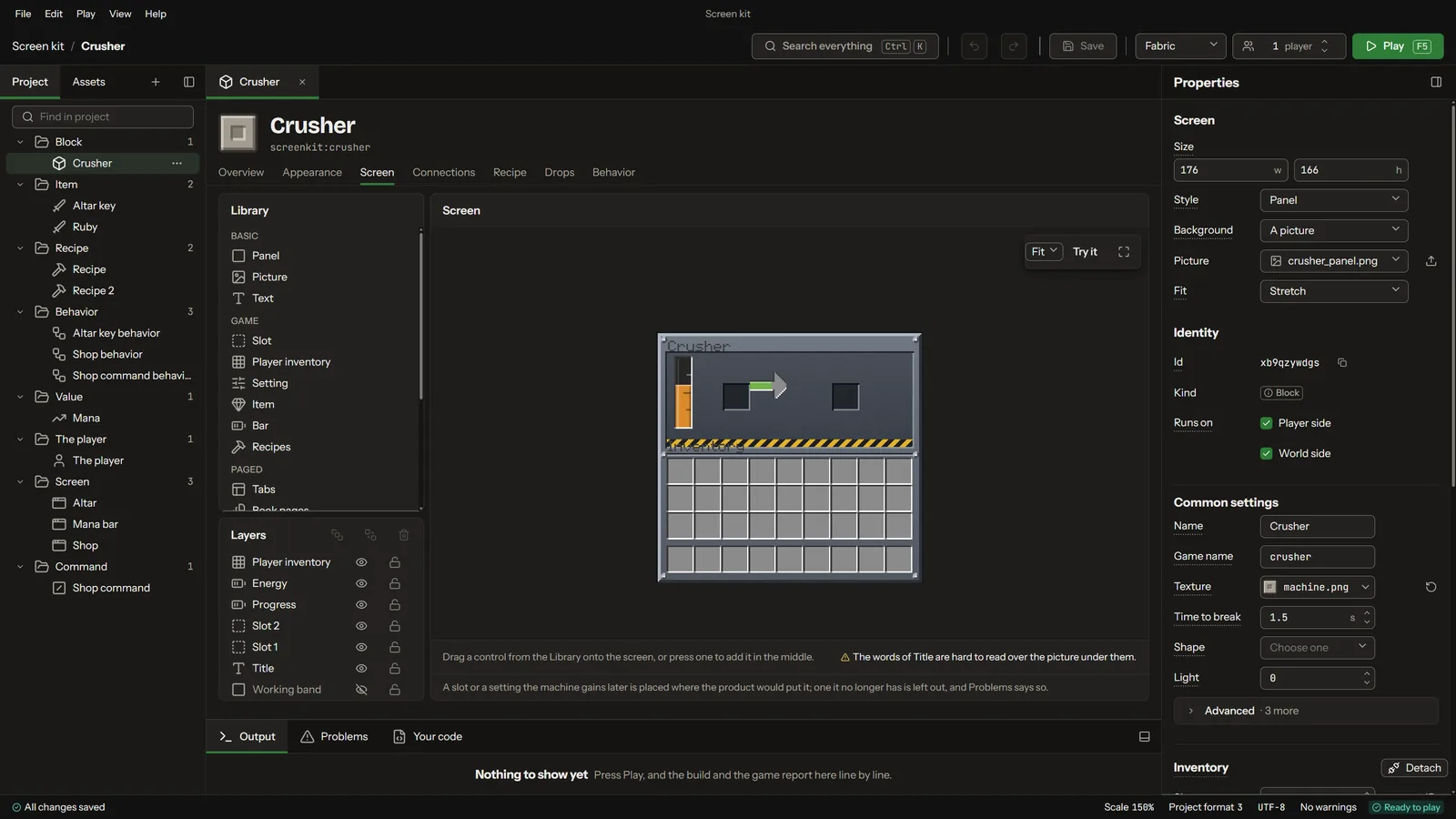 A machine screen in the screen builder