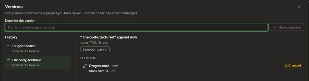 Comparing two saved versions of a project