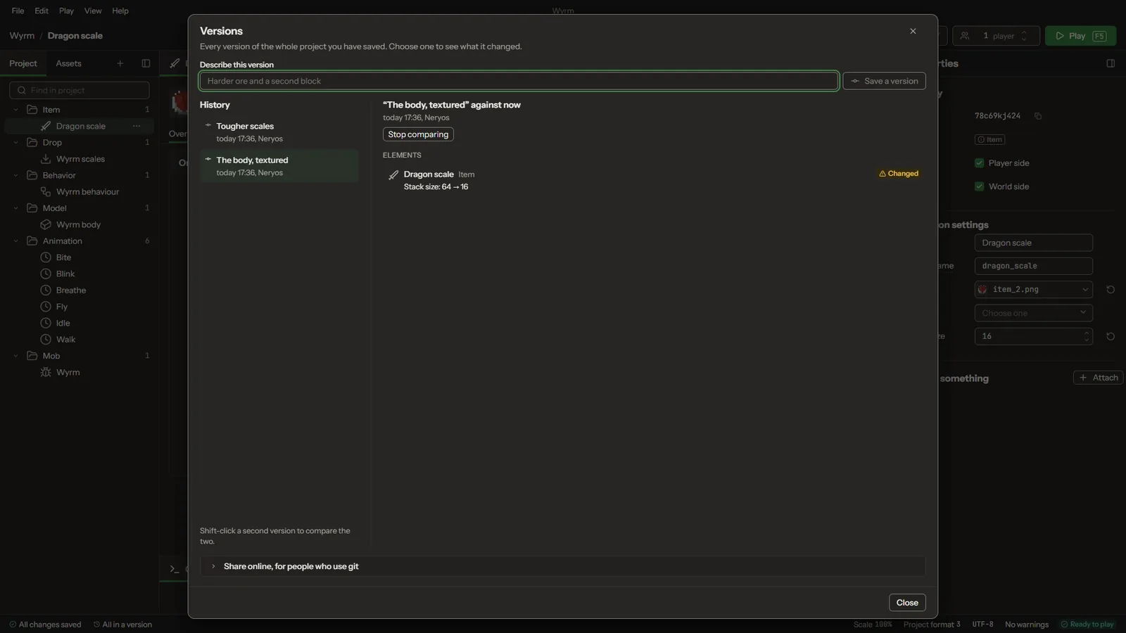 The Versions window: a project's saved versions, one compared with the project as it is now